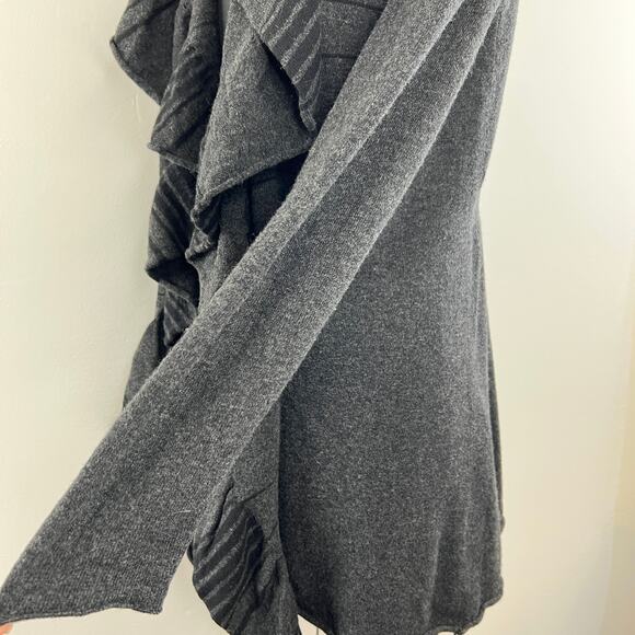 Eileen Fisher Gray Black Merino Wool-Cashmere Ruffle Waterfall Cardigan Size S - Picture 4 of 8